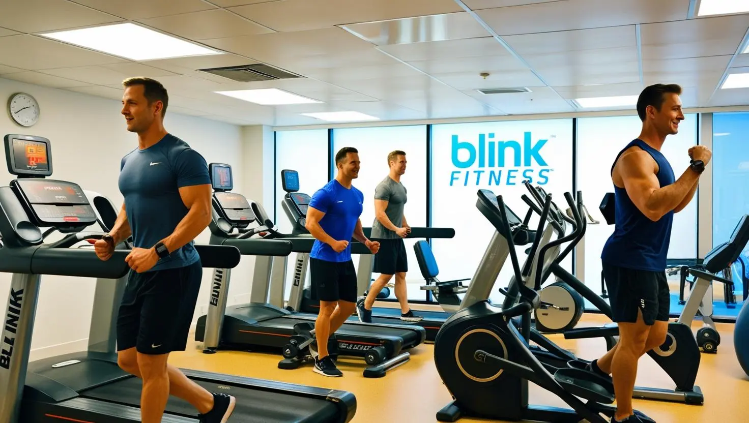 Inside view of Blink Fitness gym with equipment and people working out