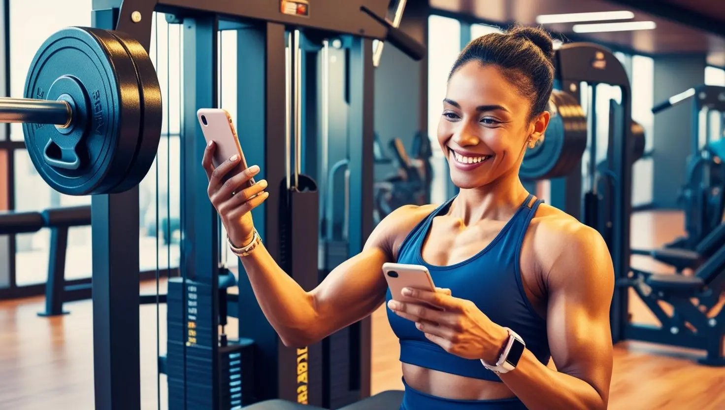 Smiling person at gym using app or checking gym equipment