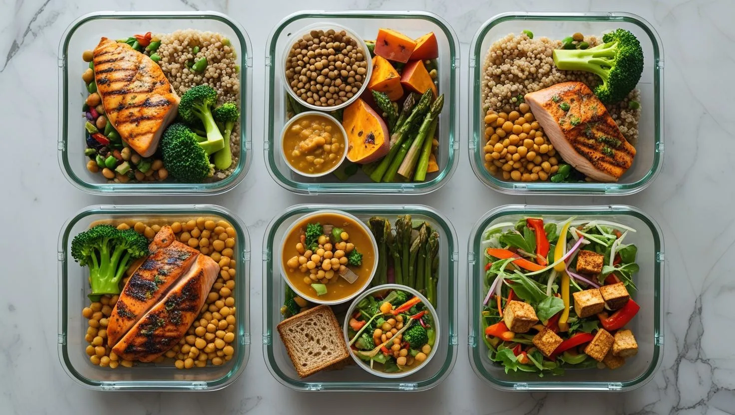Meal prep containers showing balanced macro distribution