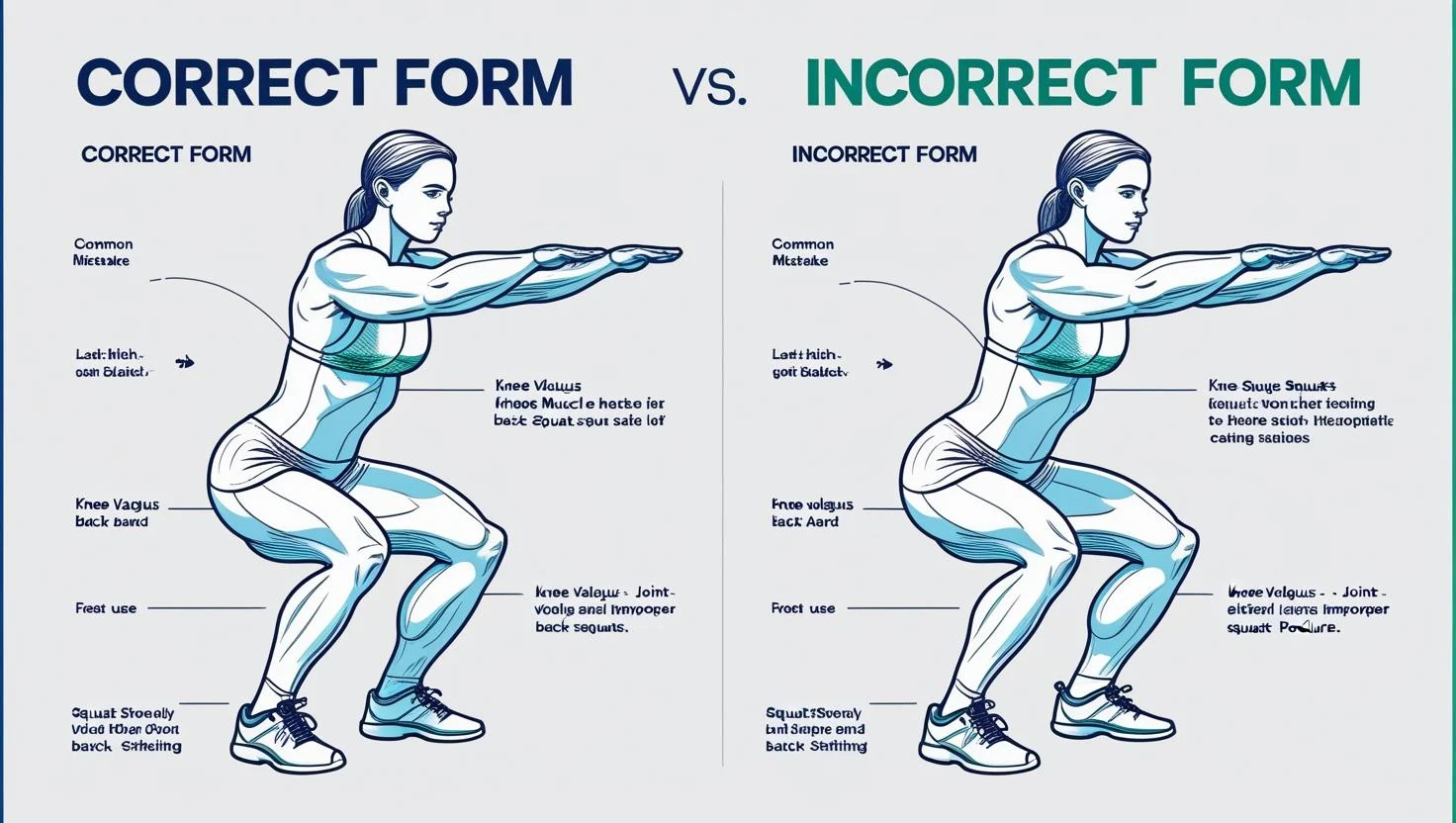 Squat form comparison chart showing correct vs incorrect technique