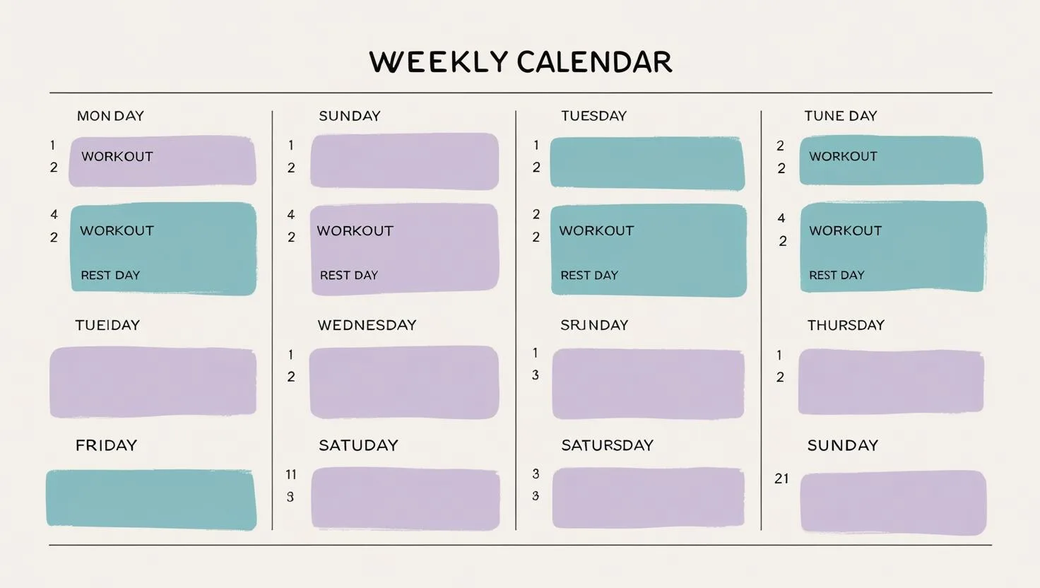 Weekly calendar layout showing workout days and rest day